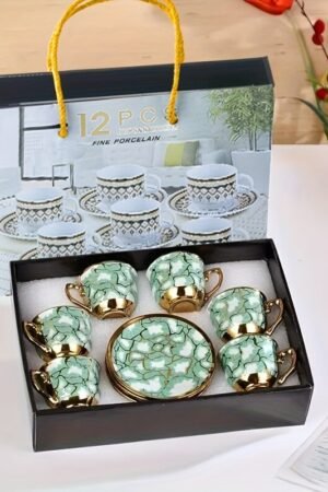 12 vnt elegantiškas keraminis kavos ir arbatos rinkinys', Puodelių ir lėkštučių rinkinys žalias A