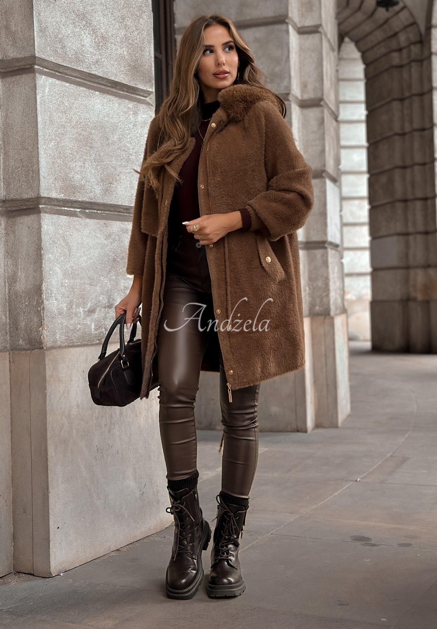 „Inspire Me“ ilgas vilnonis alpakų ir angoros paltas šokolado spalvos - Image 2