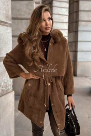 „Inspire Me“ ilgas vilnonis alpakų ir angoros paltas šokolado spalvos
