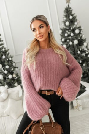 Rožinis varpelio formos moherio megztinis su vilna