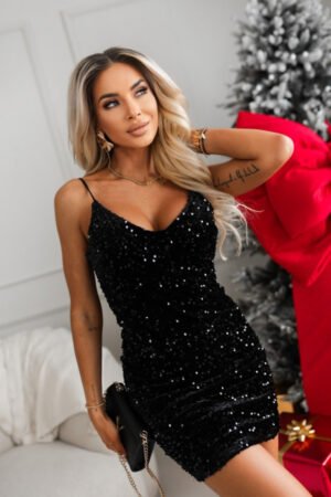 Juoda blizgučiais puošta mini suknelė su aksominiu pamušalu